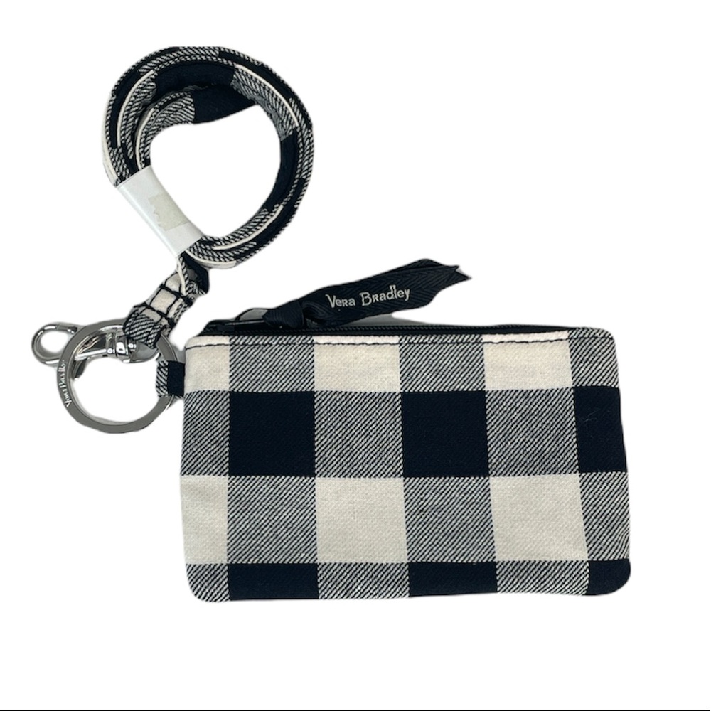 Vera Bradley Buffalo Check Zip ID and Lanyard, Black, White, Pearl